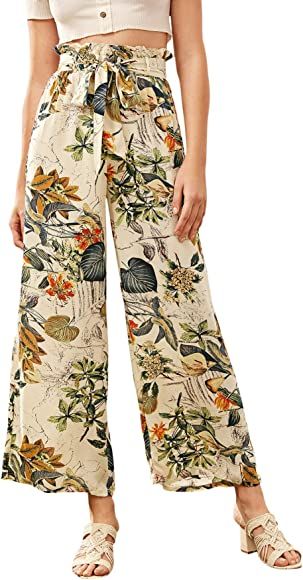 Milumia Women Belted Frilled Waist Tropical Print Boho Wide Leg Palazzo Pants Blue | Amazon (US)