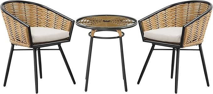 Outsunny 3 Pieces Patio PE Rattan Bistro Set, Outdoor Round Resin Wicker Coffee Set, w/ 2 Chairs ... | Amazon (US)