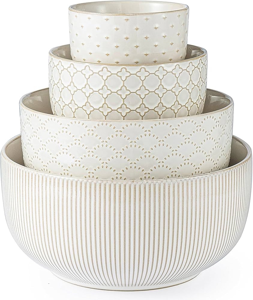 Mikiegy Ceramic Mixing Bowls Set of 4, Nesting Ceramic Embossment Stoneware Mixing Bowls for Cook... | Amazon (US)