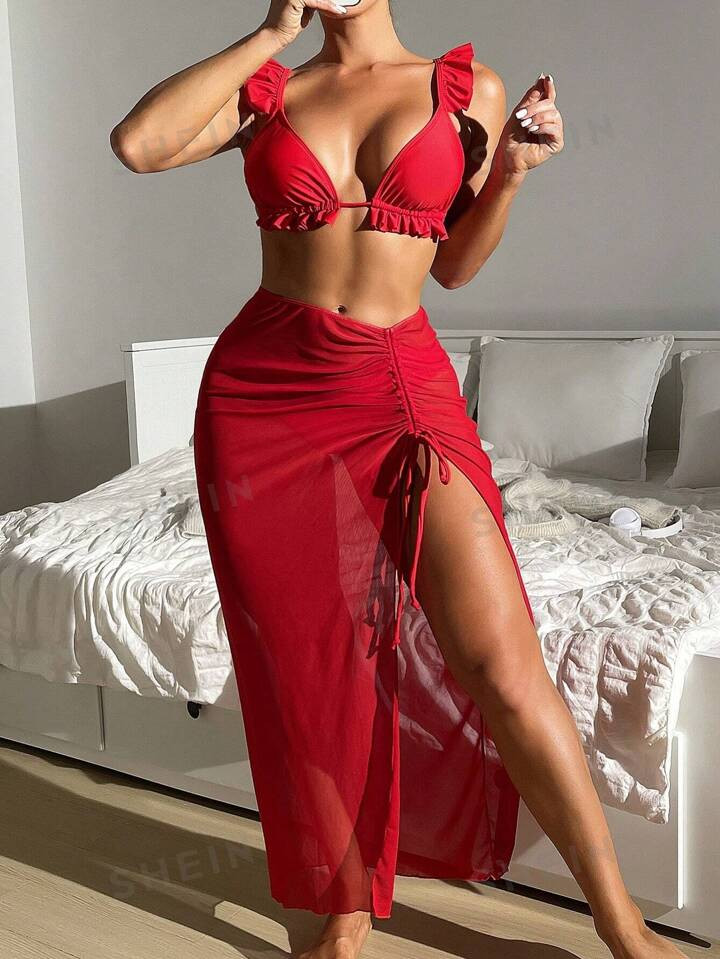 SHEIN Swim Vcay Solid Bikini Set Frill Trim Top & Cheeky Bottom & Beach Skirt 3 Piece Bathing Sui... | SHEIN