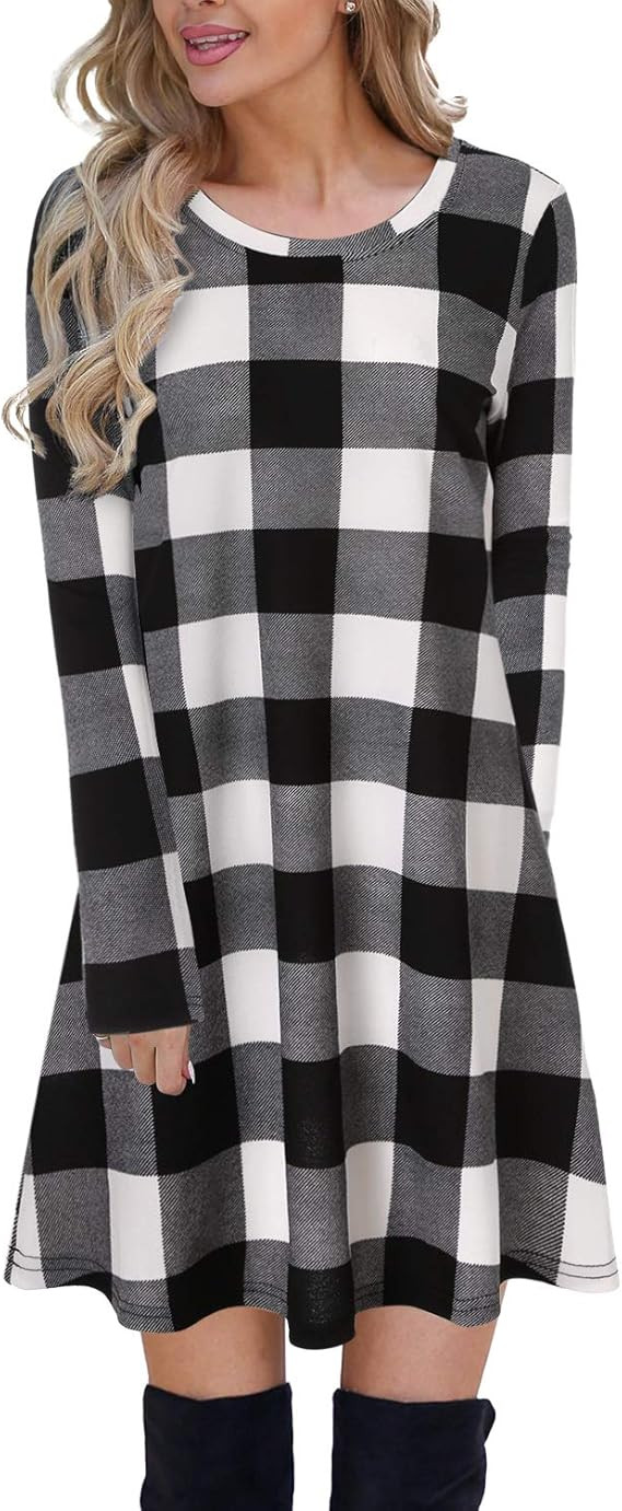 Blooming Jelly Women's Plaid Swing Dress Long Sleeve Round Neck Tunic Mini Dress | Amazon (CA)