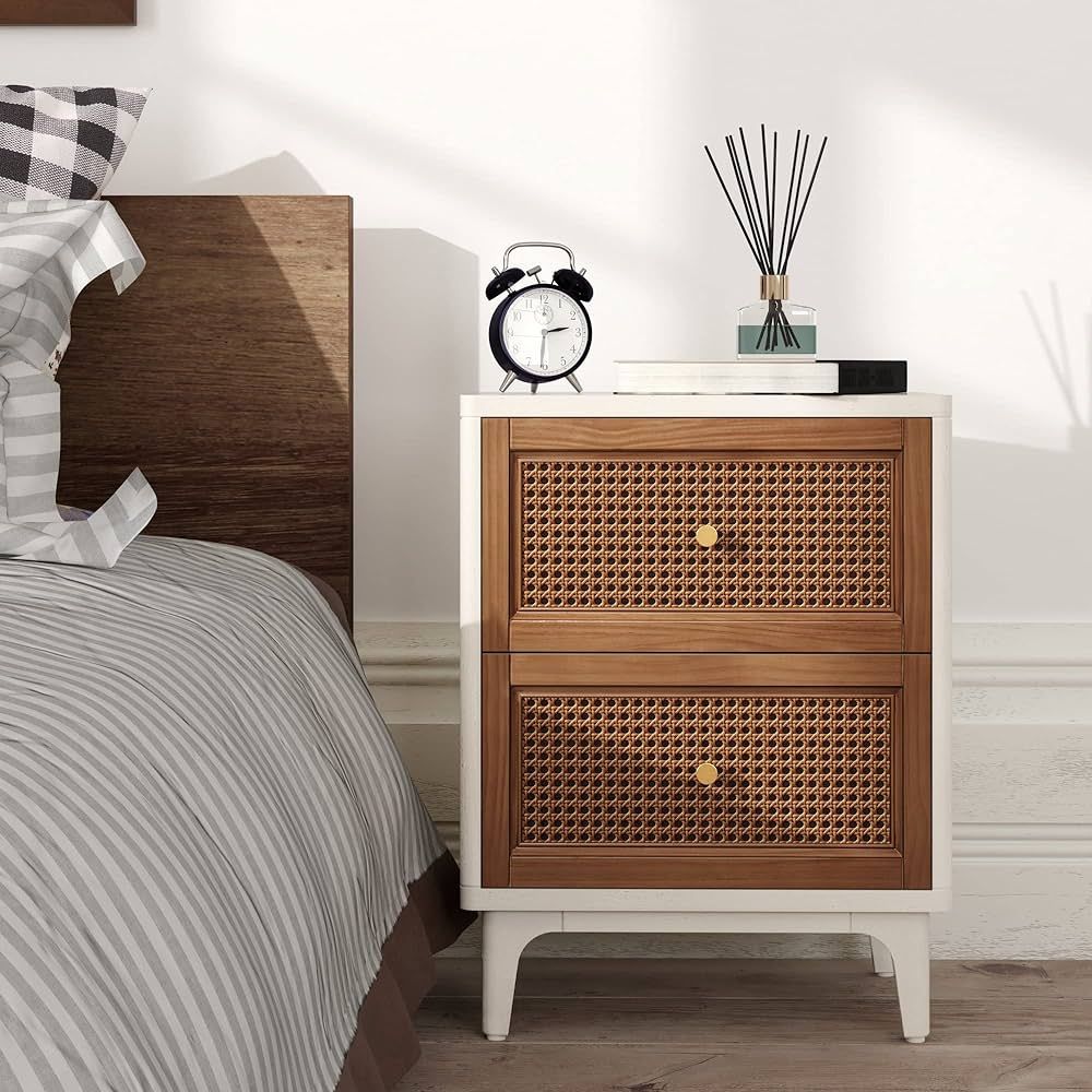 Fully-Assembled 2-Drawer Woven Cane Front Accent Nightstand with Brass Knobs, Distressed White | Amazon (US)