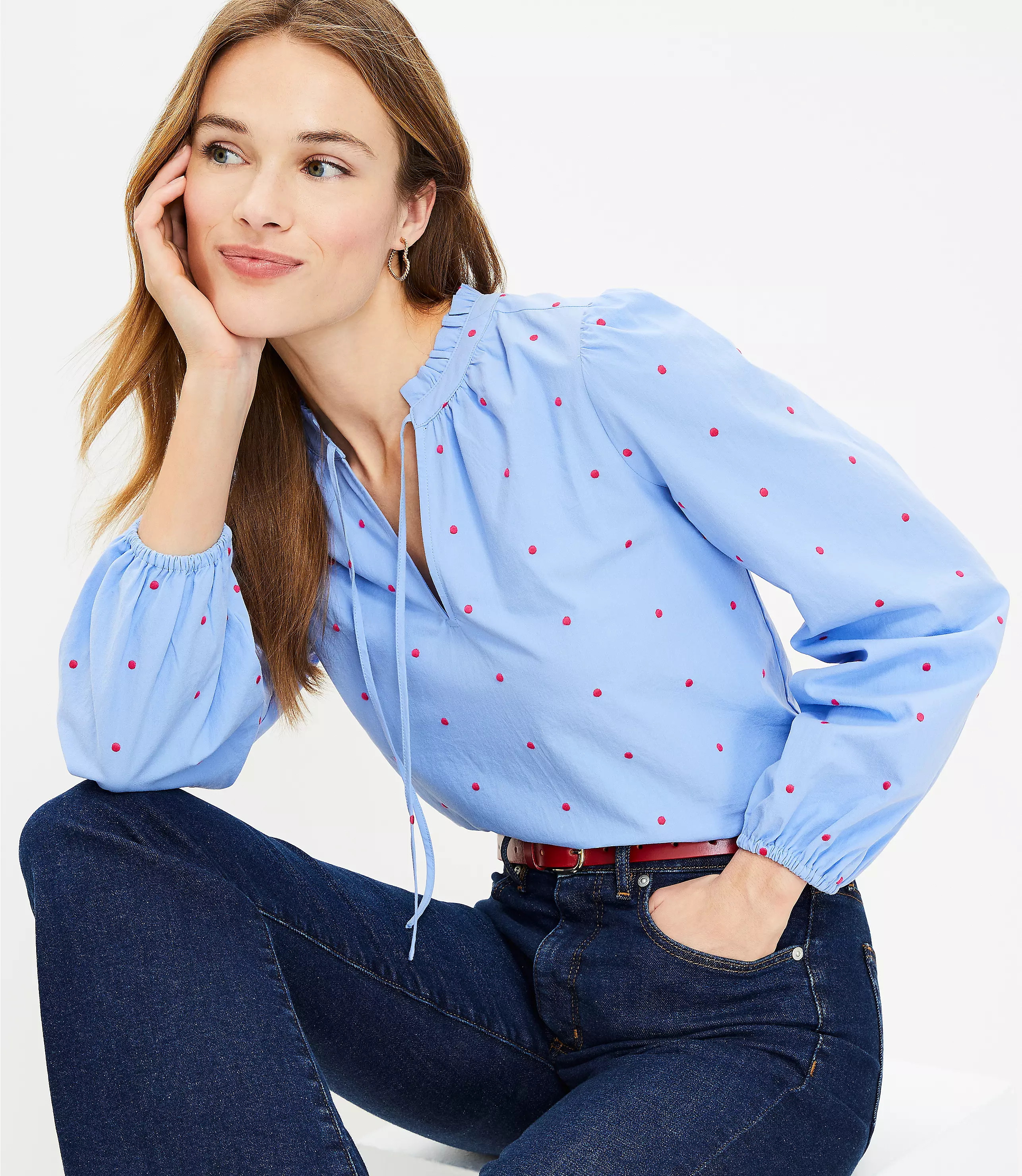 Dotted Ruffle Tie Neck Blouse | LOFT