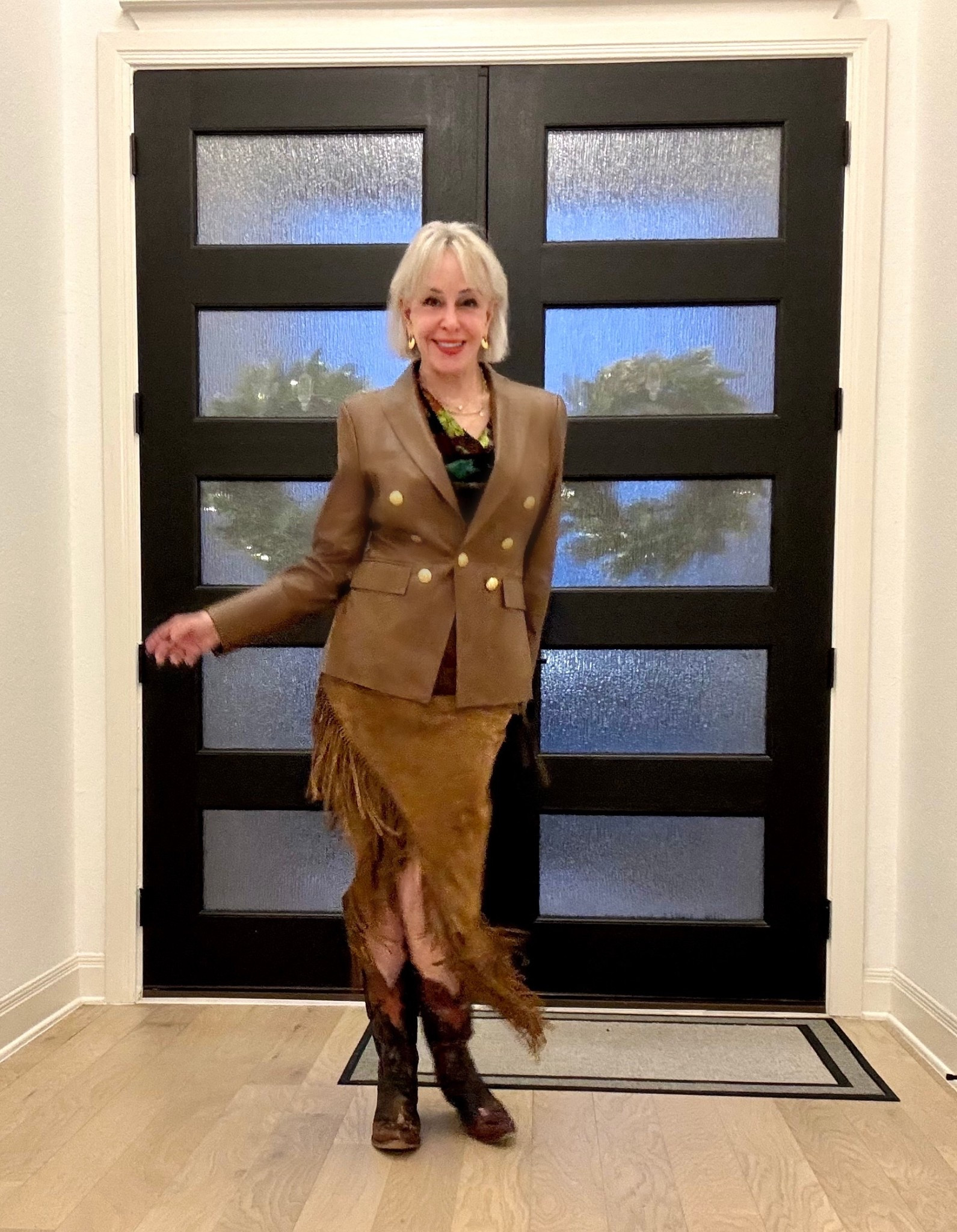 Veronica Beard leather blazer over a Scully suede fringe skirt. Also comes in black.
Cowboy boots

#LTKStyleTip #LTKSeasonal #LTKItBag