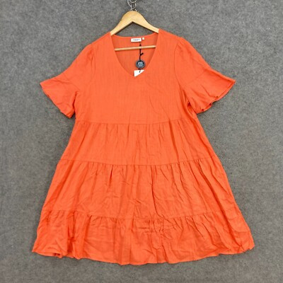 NEW Jeanswest Dress Womens 12 Orange Linen Blend Short Sleeve V-Neck 34733 | eBay AU