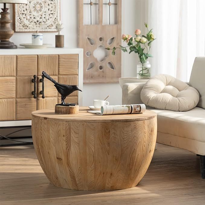 Round Wood Coffee Table, Drum Coffee Table, Tree Stump Coffee Table, Solid Wood Coffee Table with... | Amazon (US)