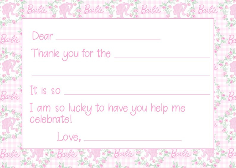 Printable Watercolor Pink Doll Party Birthday Thank You Note | 7x5 | Fill in the Blank, Bows, Gra... | Etsy (US)