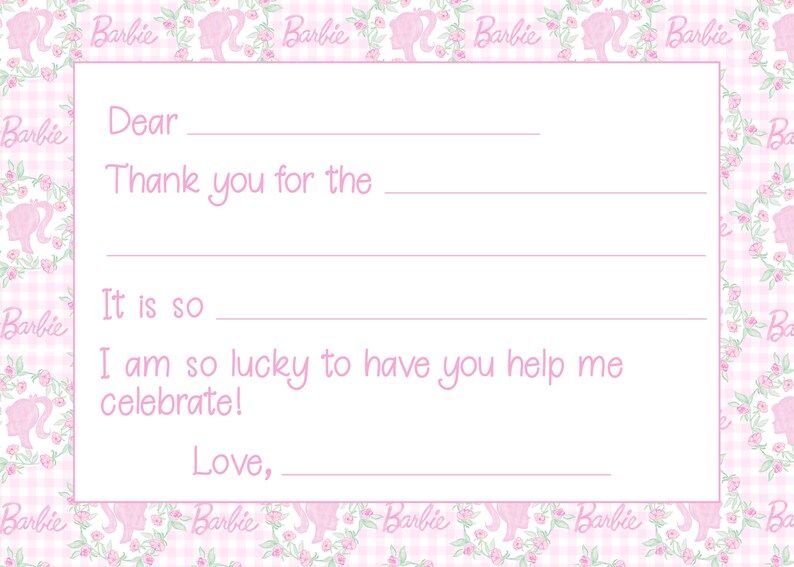 Printable Watercolor Pink Doll Party Birthday Thank You Note | 7x5 | Fill in the Blank, Bows, Gra... | Etsy (US)