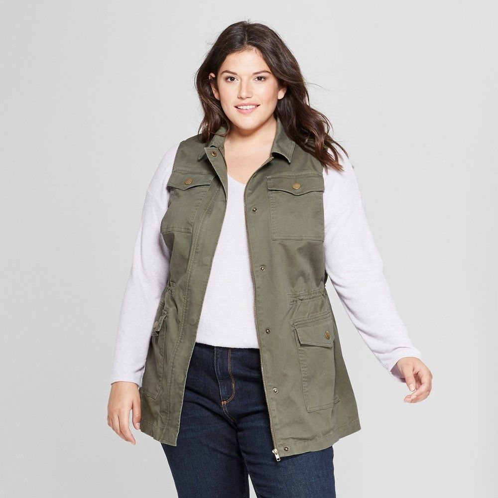 Women's Plus Size Military Vest - A New Day Olive 1X, Green | Target