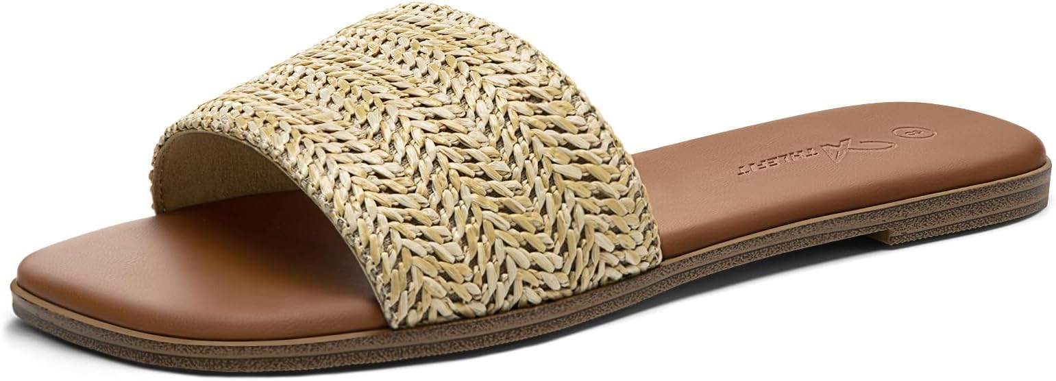 Athlefit Flat Sandals for Women Summer Raffia Square Toe Comfortable Slip On Dressy Casual Slide ... | Amazon (US)