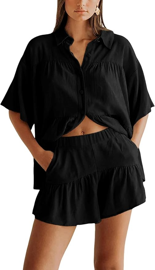 Qiaomai Womens 2 Piece Outfits Summer Ruffled Shirt and High Waist Shorts Matching Set | Amazon (US)