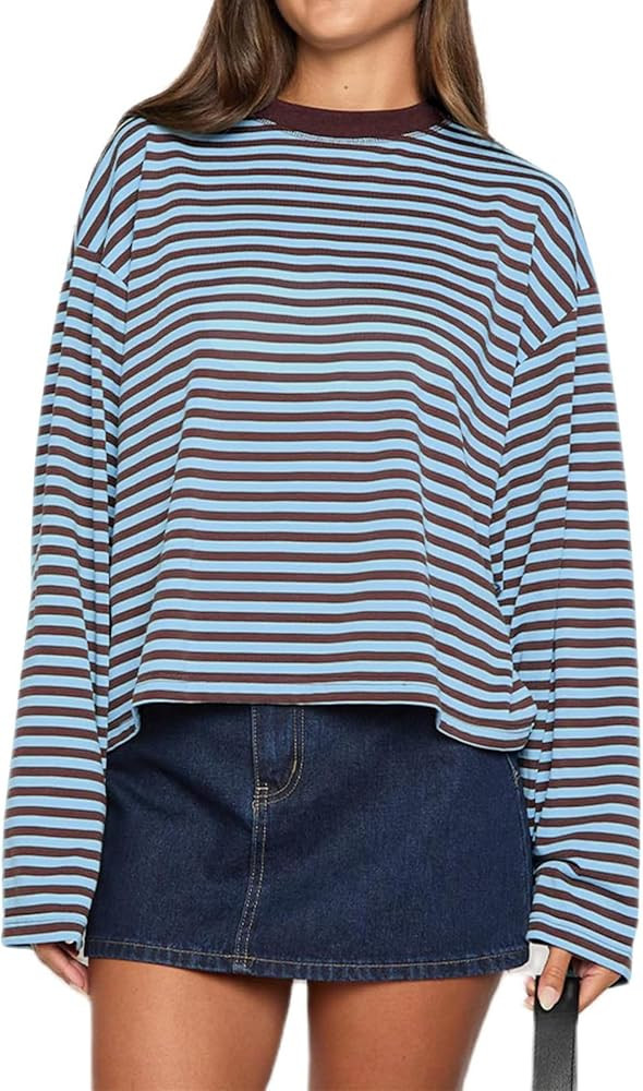 LOMON Striped Long Sleeve Shirt Women Y2k Oversized Crewneck Fall Spring Drop Shoulder Vintage To... | Amazon (US)