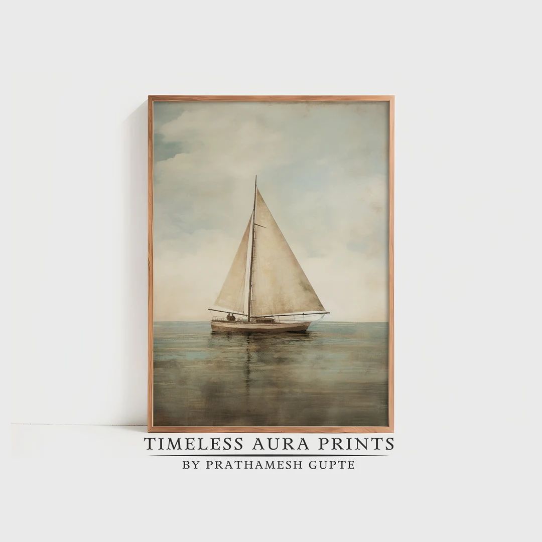 Vintage Sailboat Painting | Muted  Sailboat In The Ocean Print | Antique Digital PRINTABLE Wall A... | Etsy (US)