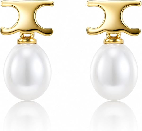 Baroque Pearl Drop Earrings for Women, Gold Modern Stud 18K Gold Plated 925 Sterling Silver Post,... | Amazon (US)