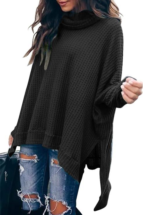 MILLCHIC Women Turtleneck Oversized Waffle Knit Batwing Sleeve Loose High Low Hem Side Slit Pullo... | Amazon (US)