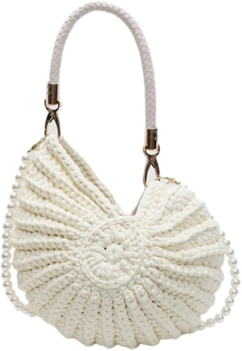 Handwoven Seashell Bag for Women Crochet Beach Bag Boho Clutch with Pearl Strap Leather Handle Un... | Amazon (US)