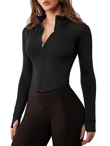 GYM RAINBOW Women's Zip Up Workout Jacket Lightweight Slim Fit Athletic Jacket Cropped Running Gym Tops with Thumb Holes(#1 Black,Small) | Amazon (US)