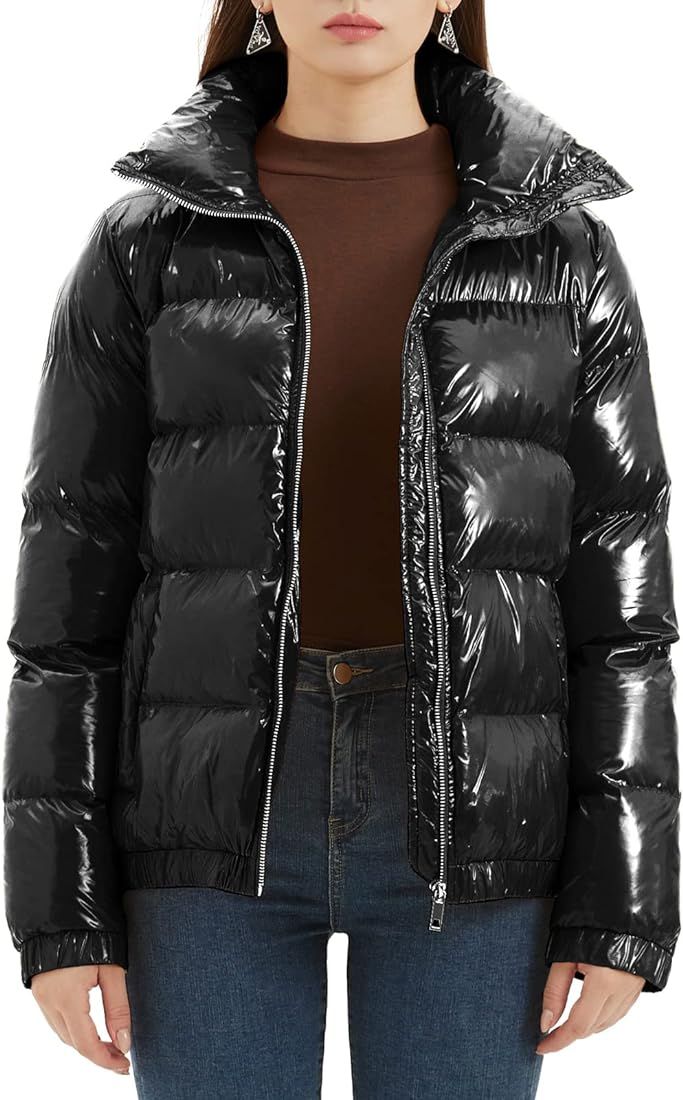 Dina Weis Women's Casual Quilted Shiny Padded Puffer Jacket Winter Warm Zip Short Bubble Coat | Amazon (US)