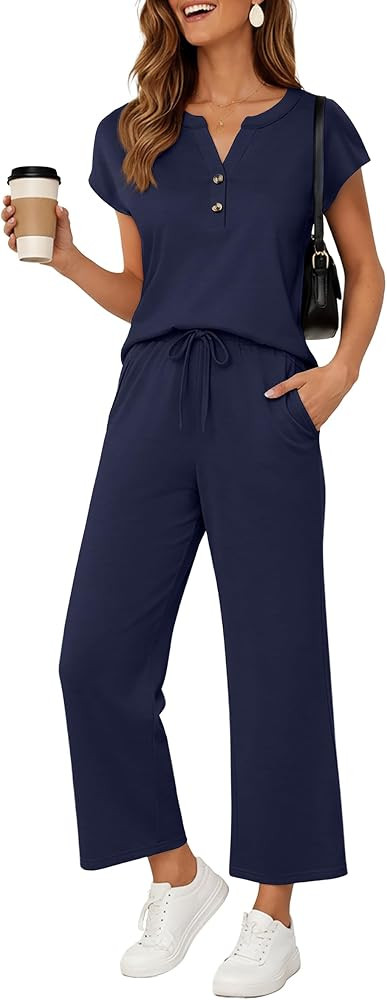 JINKESI Two Piece Sets for Women Summer Outfits Lounge Sets V-neck Tops Wide Leg Pants Vacation T... | Amazon (US)