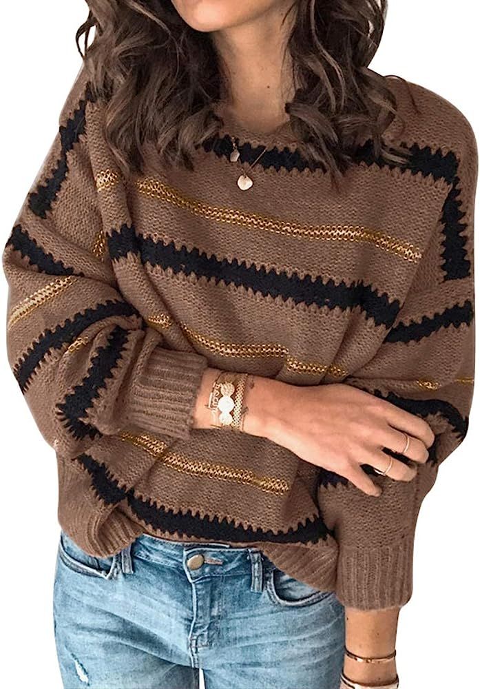 PRETTYGARDEN Women’s Fashion Long Sleeve Striped Color Block Knitted Sweater Crew Neck Loose Pu... | Amazon (US)