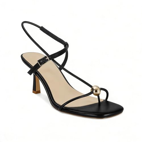 XBKXMK Black Strappy Heels for Women Open Square Toe Slingback Kitten Heeled Sandals Dressy Beach Thong Flip Flop Slides Sandals | Amazon (US)