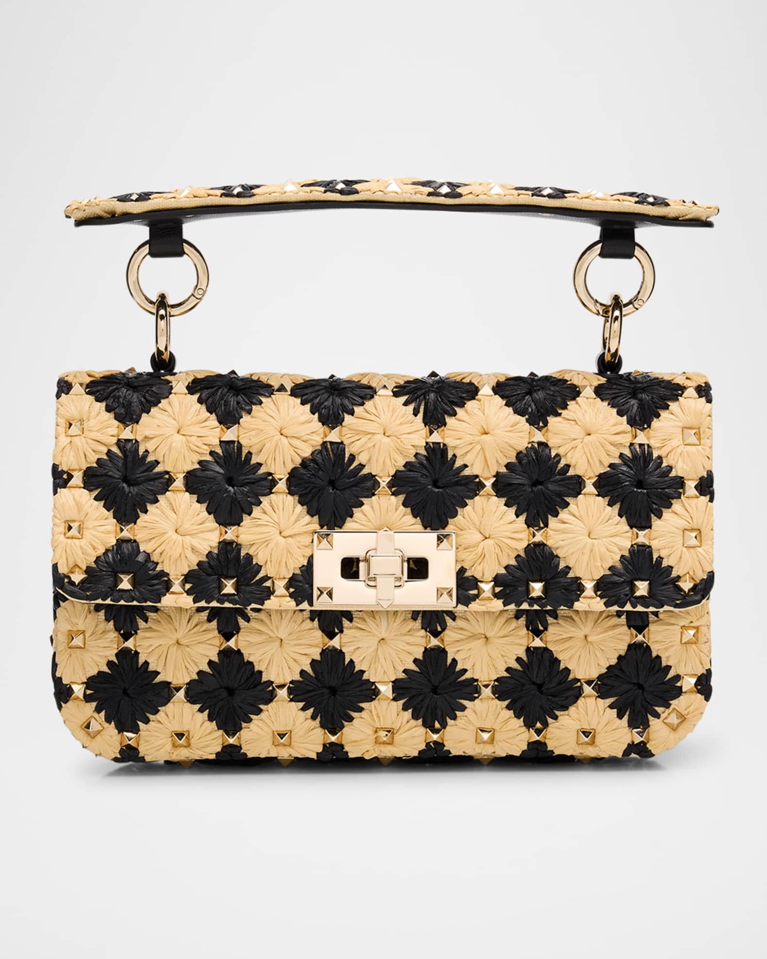 Rockstud Checkered Woven Top-Handle Bag | Neiman Marcus