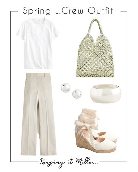 A spring outfit from J.Crew. Carolina flare pant in stretch linen blend, white tee, knotted rope tote, cream espadrilles, silver jewelry 

#LTKSeasonal #LTKOver40 #LTKSaleAlert