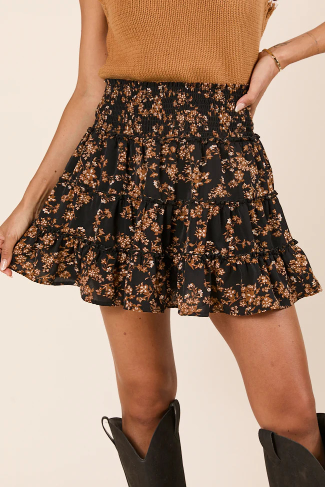 Through The Garden Black And Tan Floral Mini Skort | Pink Lily
