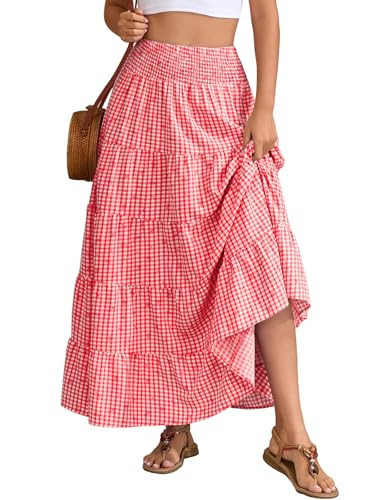 Lyrur Women’s Gingham Skirt Boho Smocked High Waist Summer Floral Flowy Long Maxi Skirts with Pockets (M,7088-Red Gingham) | Amazon (US)