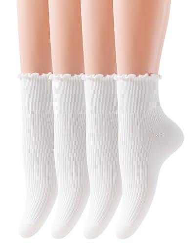 YASIDI Ruffle Ankle Socks for Women, Casual Cute Socks - Soft Cotton Socks Ruffle Socks Low Cut Crew Frilly Sock (Cotton, 4 Pairs-White) | Amazon (US)