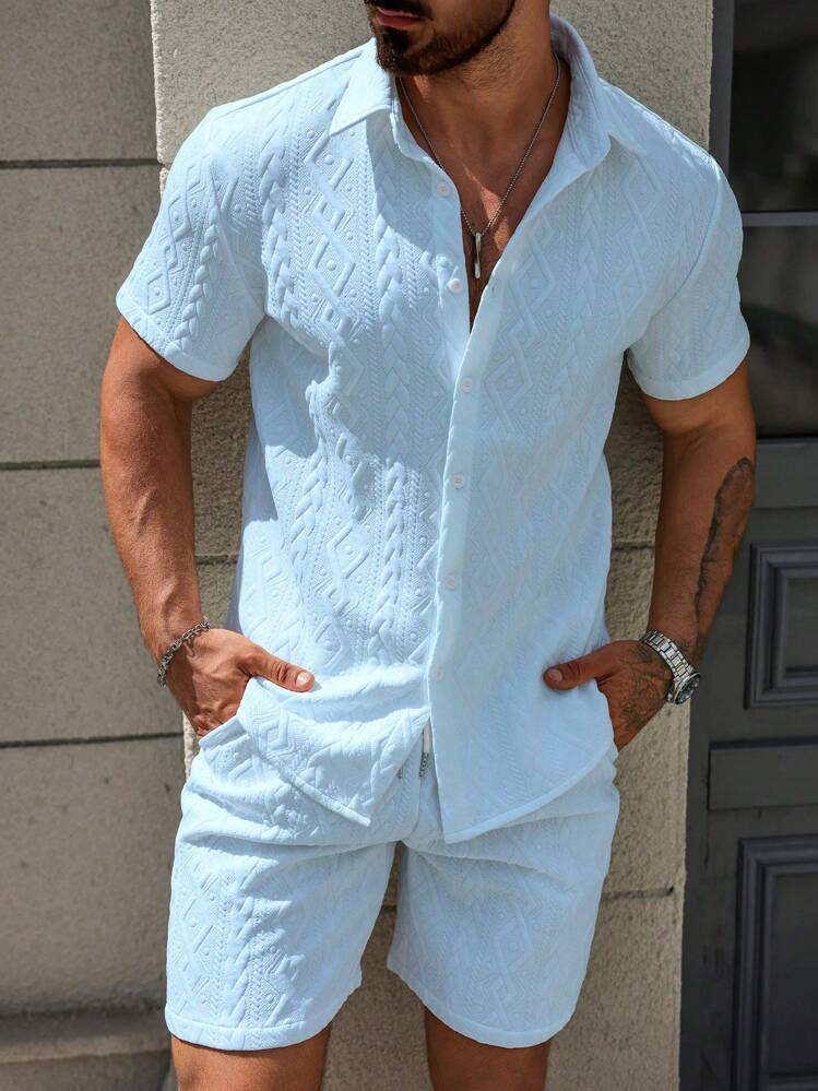 Manfinity Homme 2pcs Men Summer Simple Solid Color Textured Button-Up Short Sleeve Shirt And Shorts Set Men Baby Blue Short Set Men Two Pieces Casual Short Sets Two Pieces Summer Set For | SHEIN