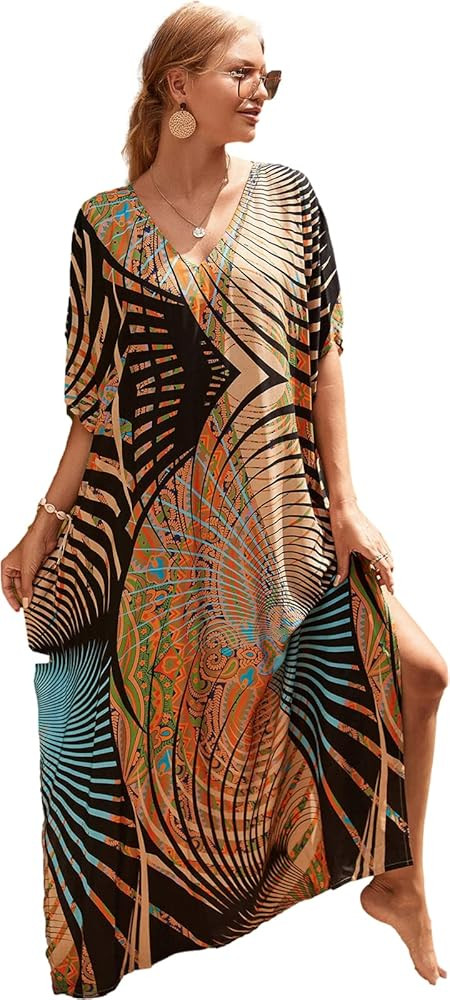 kaftan dresses for women Ethnic Print Kaftan Beach Dress Plus Size Swimsuit Cover Up | Amazon (US)