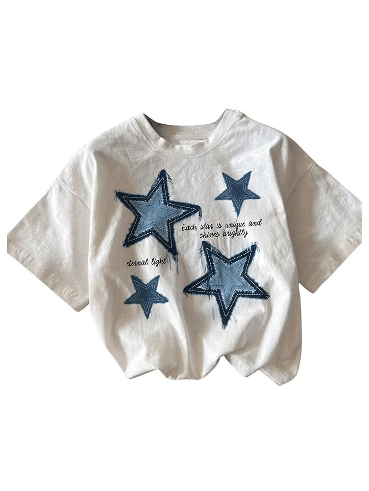 Women's Star Graphic Letter Print Tee Tops Casual Crewneck Short Sleeve T Shirt | Amazon (US)