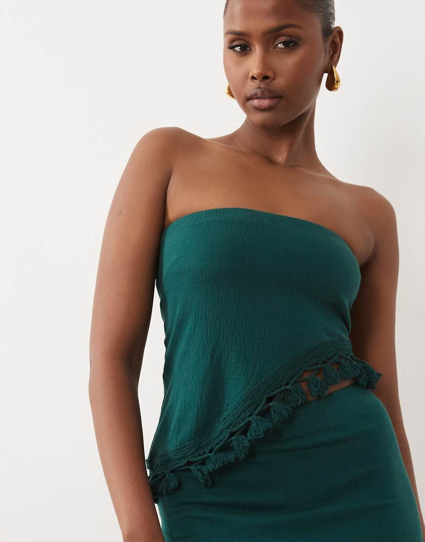 ASOS DESIGN crinkle textured tassel fringe trim asymmetric bandeau top in teal - part of a set-Blue | ASOS (Global)