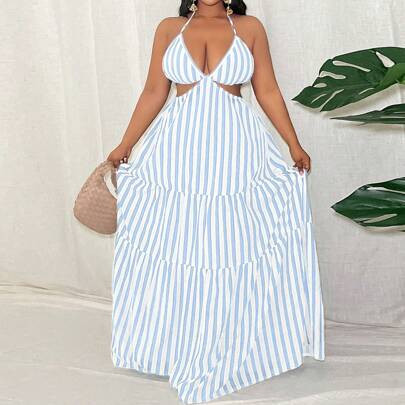 Plus Size Sexy Backless Stripes Dress For Vacation | SHEIN