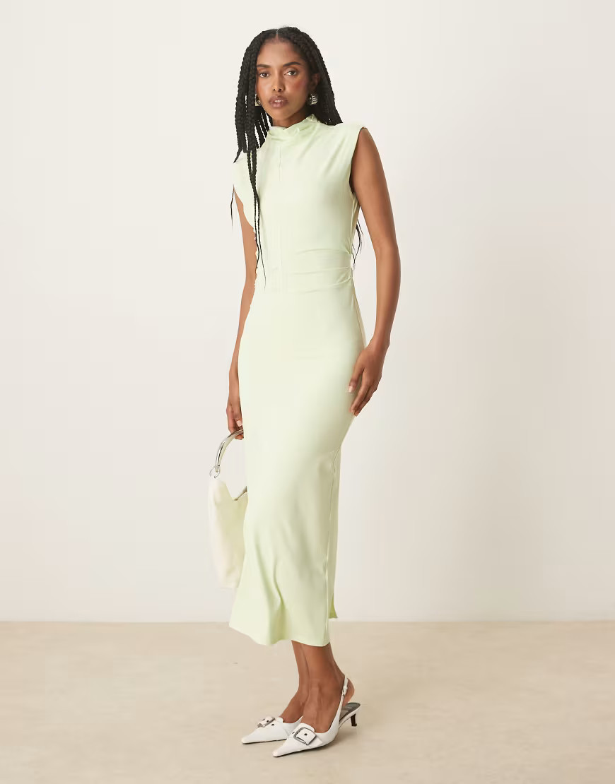 ASOS DESIGN high neck soft touch midi dress with ruching in mint-Green | ASOS (Global)