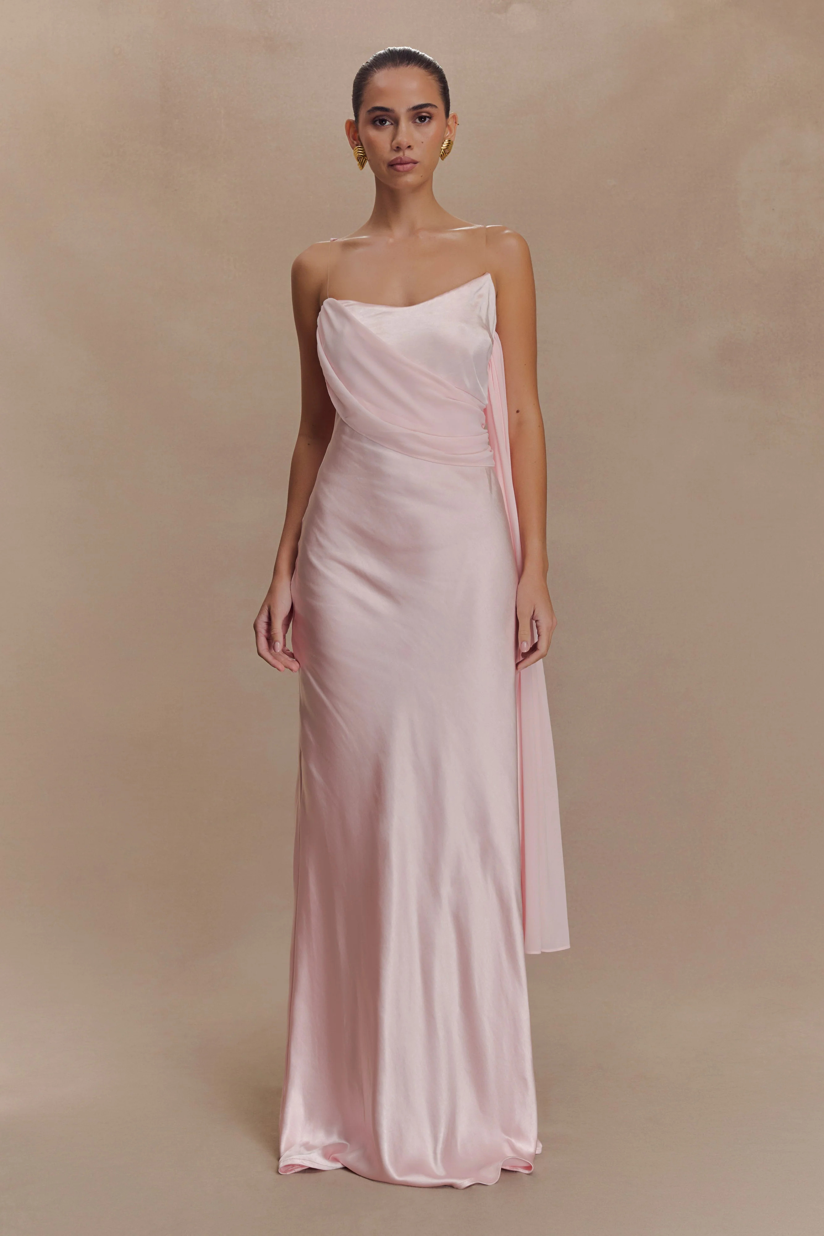 Carah Satin And Chiffon Maxi Dress - Pale Pink | MESHKI US