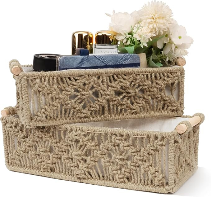 Macrame Storage Baskets Boho，Toilet Paper Basket with Wood Handles，Handmade Woven Decorative ... | Amazon (US)