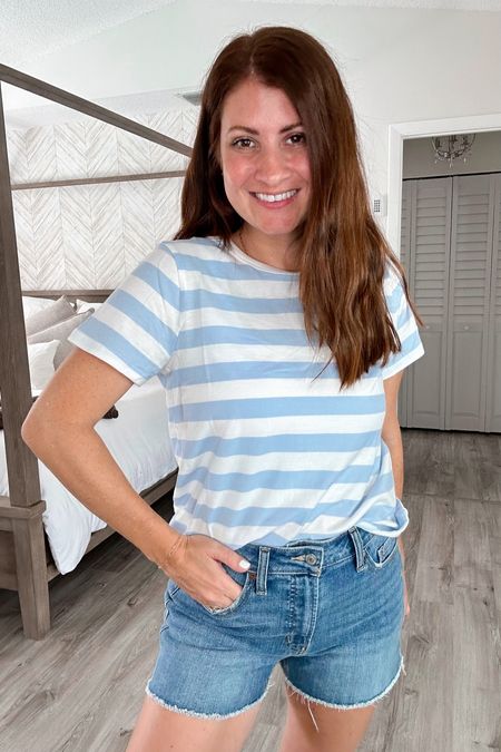Another really good Old Navy closet basic! Love this light blue and white striped T-shirt wearing a size small! These are my new go to cut off jean shorts! Wearing a size 6

#LTKstyletip #LTKfindsunder50 #LTKSeasonal
