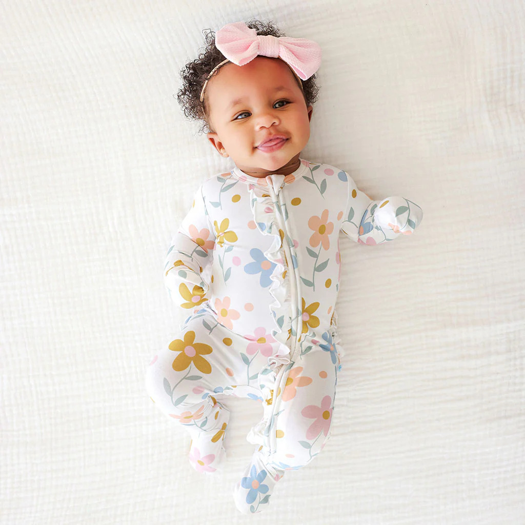 Floral White Long Sleeve Daisy Footie Ruffled Zippered One Piece | Posh Peanut® | Posh Peanut