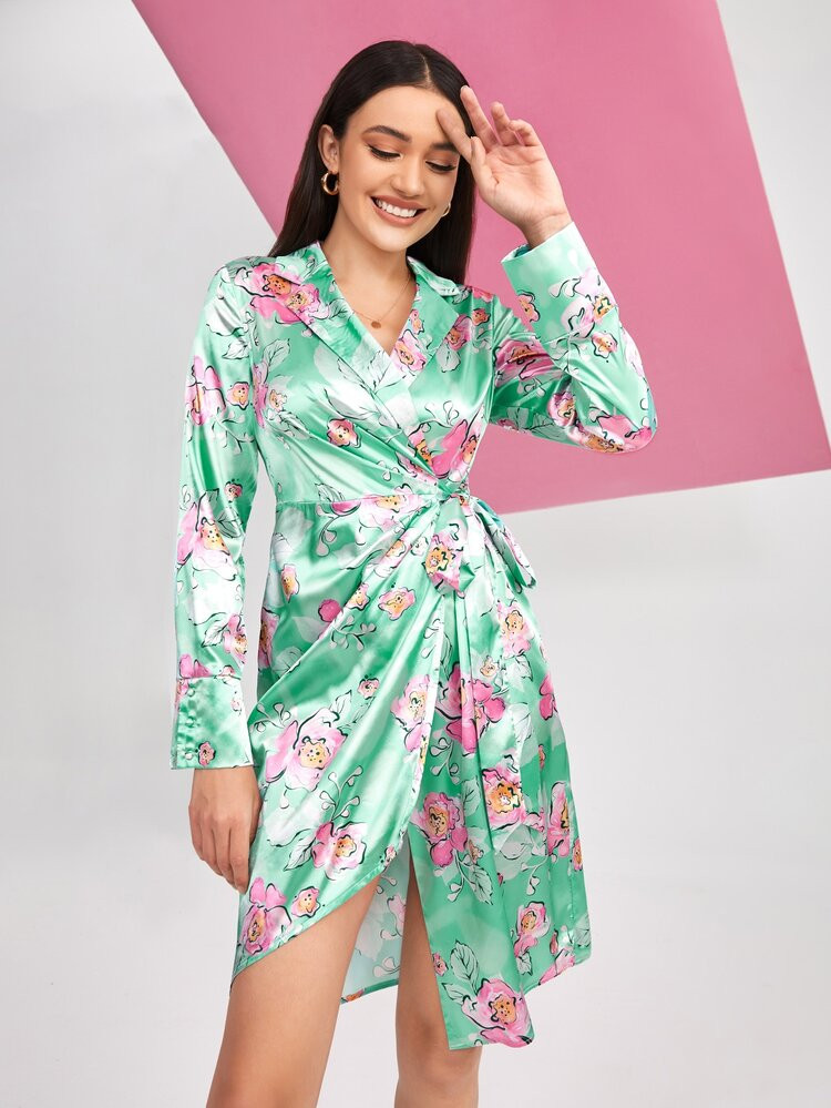 SHEIN X Lital Ofir Floral Print Lapel Neck Tie Side Satin Wrap Dress | SHEIN