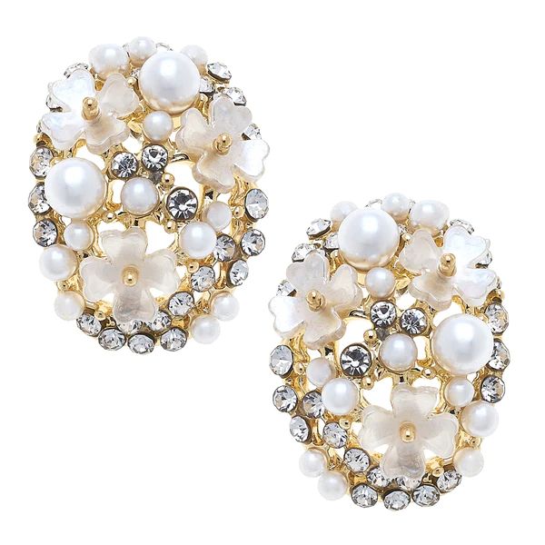Genevieve Pearl & Rhinestone Flower Stud Earrings in Ivory | CANVAS