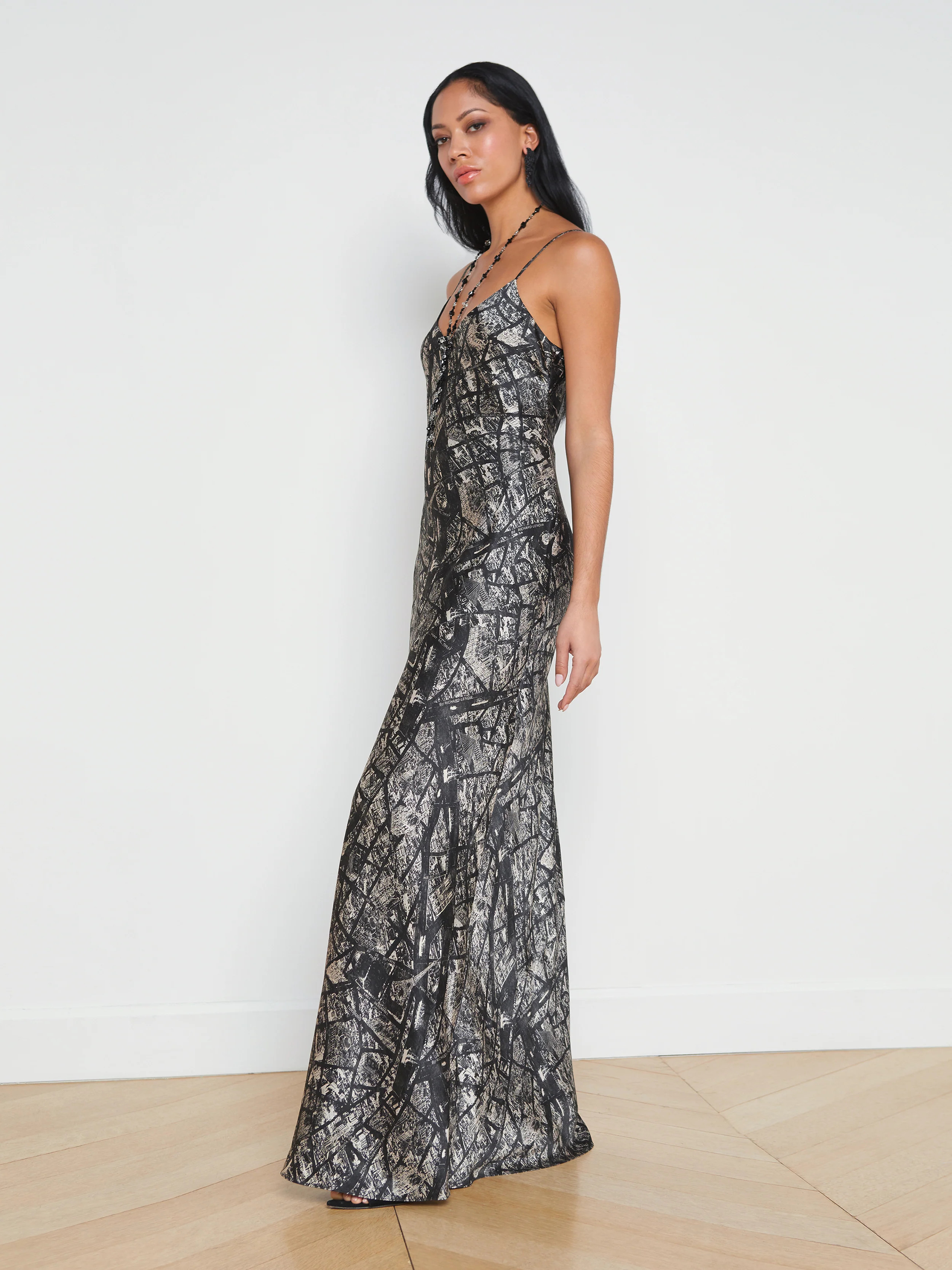L'AGENCE - Serita Silk Slip Maxi Dress in Black/Ecru Map of Paris | L'Agence