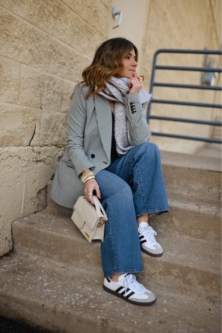 Casual denim look! The blazer is selling out! I’m linking some styles that are perfect for spring! 
These jeans are via Madewell and are amazing! I wear them so much! 
Jeans size 24
Express, straight leg jeans, adidas samba OG

#LTKfindsunder100 #LTKshoecrush #LTKfindsunder50