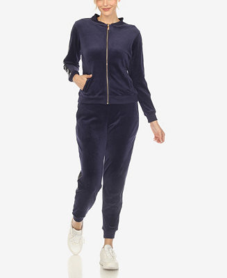 Women's Faux Leather Stripe Velour 2 Piece Tracksuit Set | Macy's