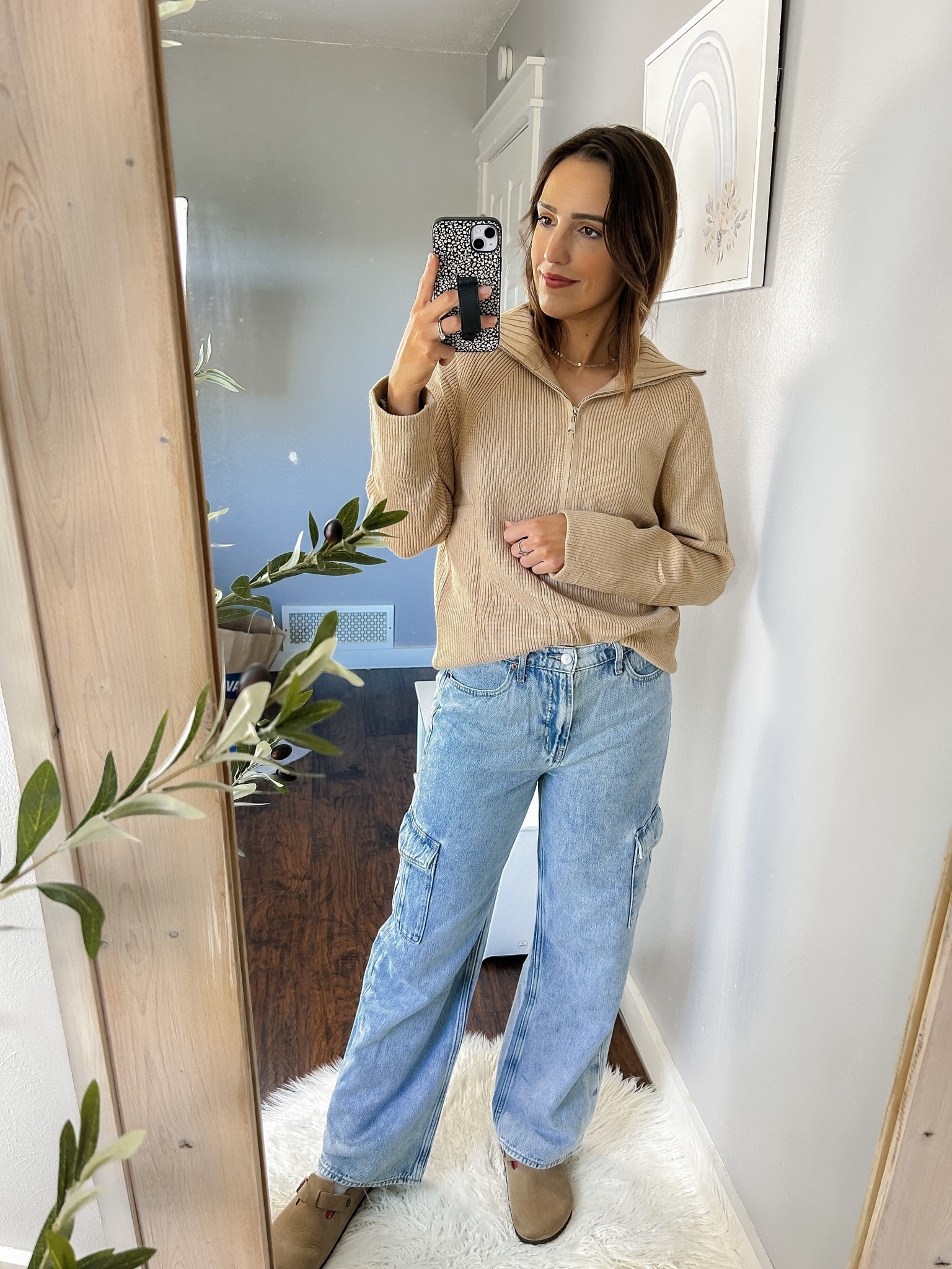 Amazon sweater / Half zip khaki sweater — TTS, S
Old Navy cargo wide leg jeans — TTS, 6
Birkenstocks — TTS
Made by Mary silver disc choker necklace 
Victoria emerson cuff bracelet 
Round white shag rug 

#LTKSeasonal #LTKfindsunder50 #LTKstyletip