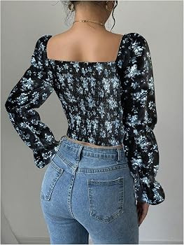 MakeMeChic Women's Floral Smocked Square Neck Flared Sleeve Casual Blouse Shirt Crop Tops | Amazon (US)