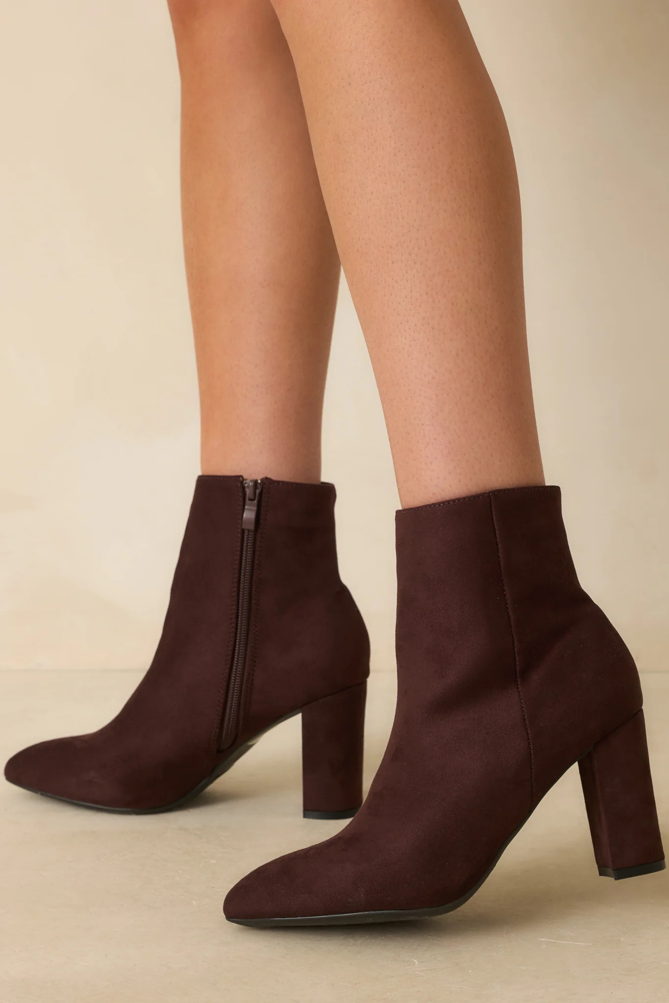 From Here On Dark Brown Faux Suede Block Heel Ankle Boots | Red Dress