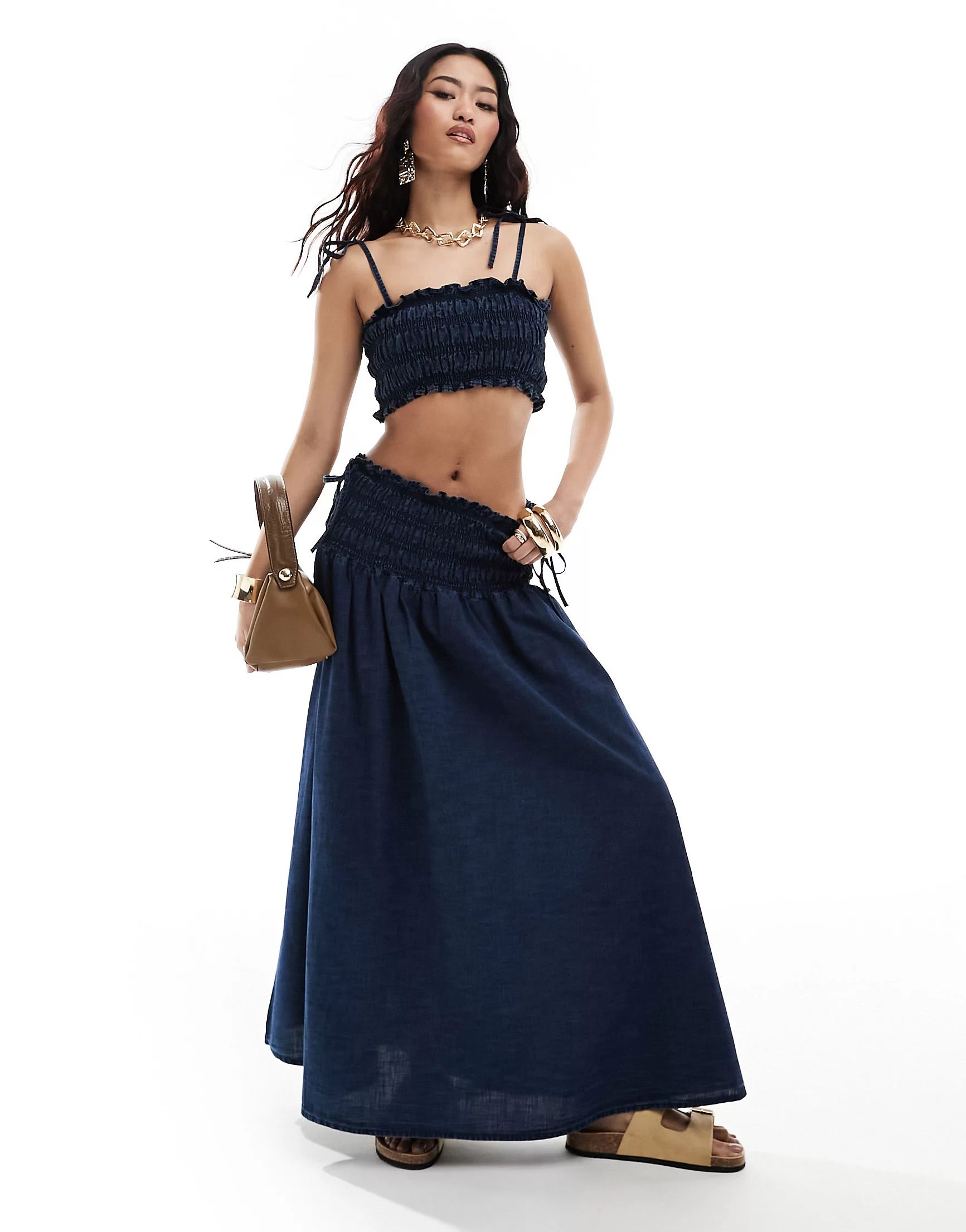 ASOS DESIGN soft denim maxi skirt with ruched waist in dark blue black co-ord | ASOS (Global)