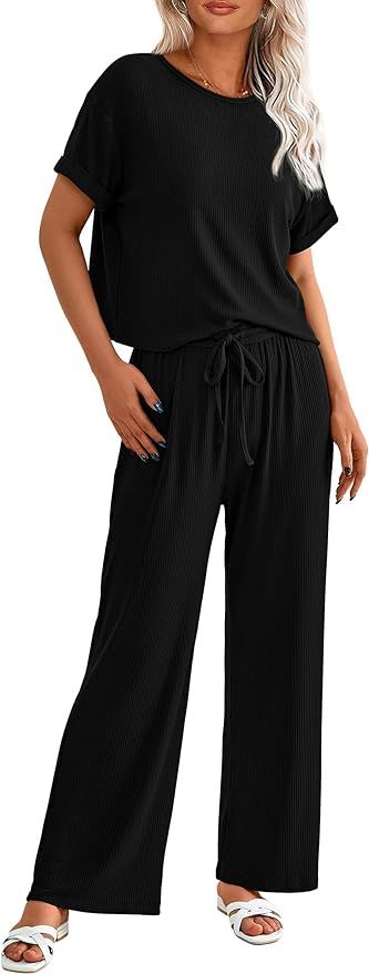 PRETTYGARDEN Women's Summer 2 Piece Knit Loungewear Short Sleeve T Shirts Wide Leg Pants Tracksui... | Amazon (US)